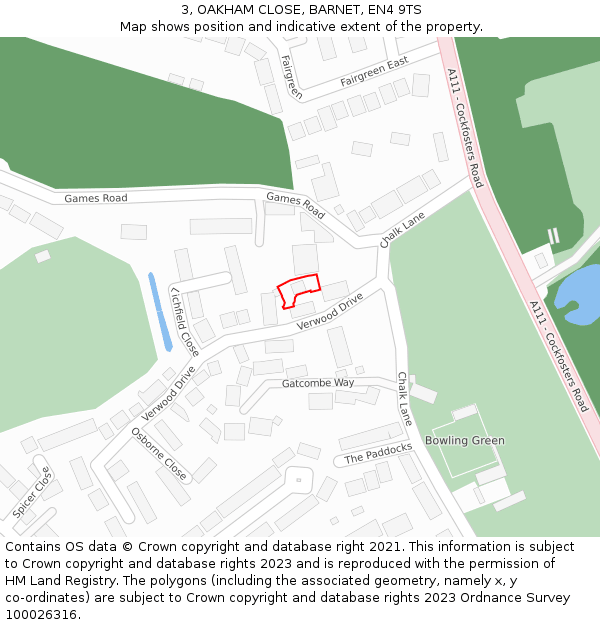 3, OAKHAM CLOSE, BARNET, EN4 9TS: Location map and indicative extent of plot