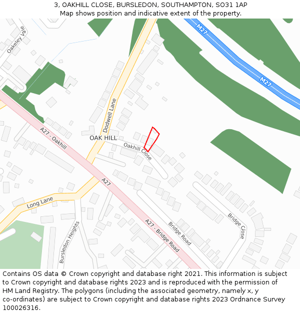 3, OAKHILL CLOSE, BURSLEDON, SOUTHAMPTON, SO31 1AP: Location map and indicative extent of plot