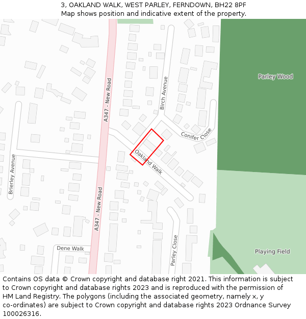 3, OAKLAND WALK, WEST PARLEY, FERNDOWN, BH22 8PF: Location map and indicative extent of plot