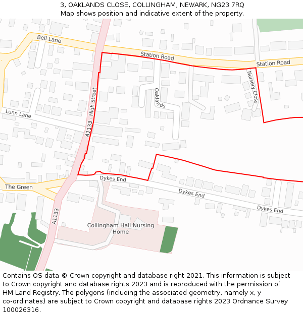 3, OAKLANDS CLOSE, COLLINGHAM, NEWARK, NG23 7RQ: Location map and indicative extent of plot