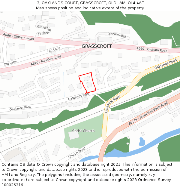 3, OAKLANDS COURT, GRASSCROFT, OLDHAM, OL4 4AE: Location map and indicative extent of plot