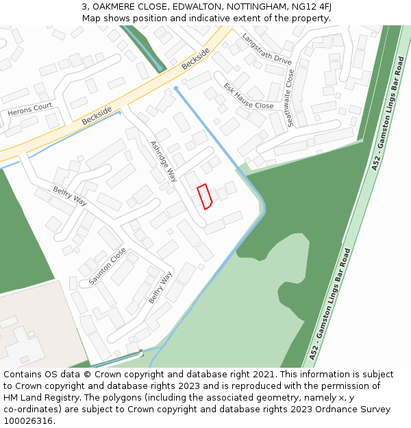 3, OAKMERE CLOSE, EDWALTON, NOTTINGHAM, NG12 4FJ: Location map and indicative extent of plot