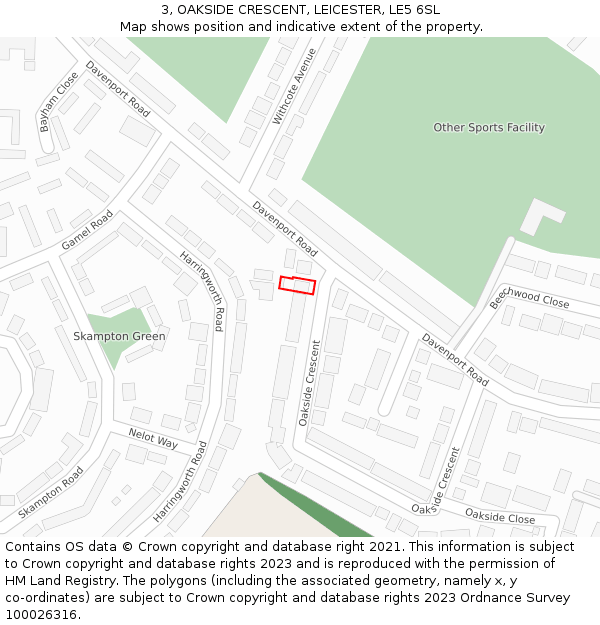 3, OAKSIDE CRESCENT, LEICESTER, LE5 6SL: Location map and indicative extent of plot