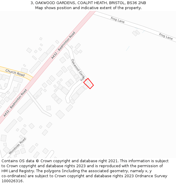 3, OAKWOOD GARDENS, COALPIT HEATH, BRISTOL, BS36 2NB: Location map and indicative extent of plot