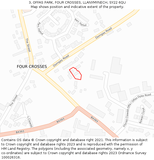 3, OFFAS PARK, FOUR CROSSES, LLANYMYNECH, SY22 6QU: Location map and indicative extent of plot