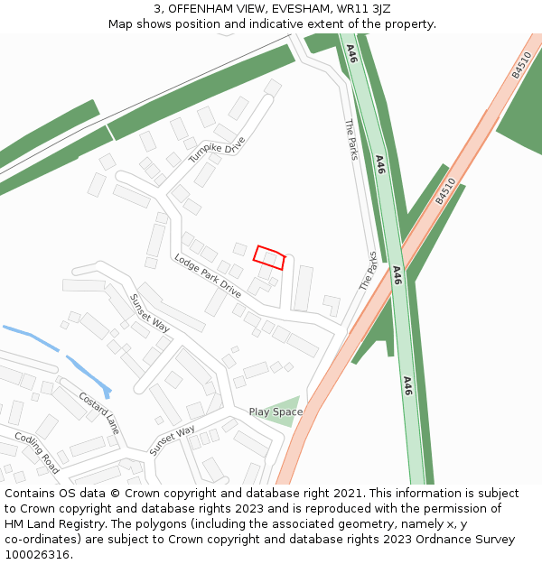 3, OFFENHAM VIEW, EVESHAM, WR11 3JZ: Location map and indicative extent of plot