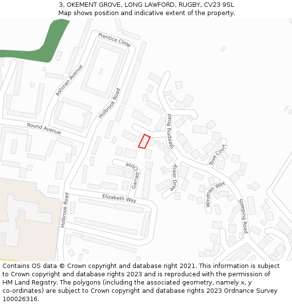 3, OKEMENT GROVE, LONG LAWFORD, RUGBY, CV23 9SL: Location map and indicative extent of plot
