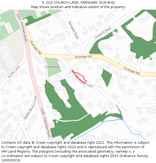 3, OLD CHURCH LANE, FARNHAM, GU9 8HQ: Location map and indicative extent of plot