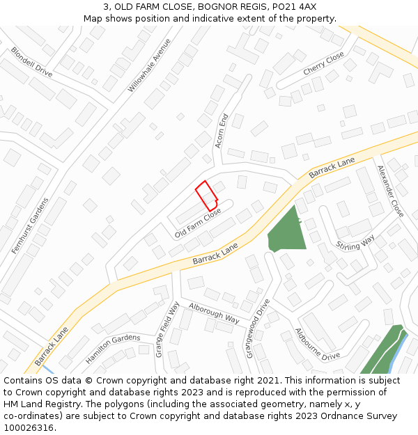 3, OLD FARM CLOSE, BOGNOR REGIS, PO21 4AX: Location map and indicative extent of plot
