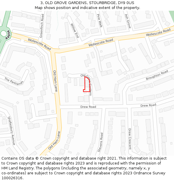 3, OLD GROVE GARDENS, STOURBRIDGE, DY9 0US: Location map and indicative extent of plot
