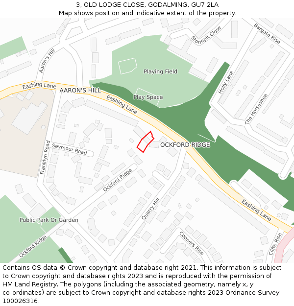 3, OLD LODGE CLOSE, GODALMING, GU7 2LA: Location map and indicative extent of plot