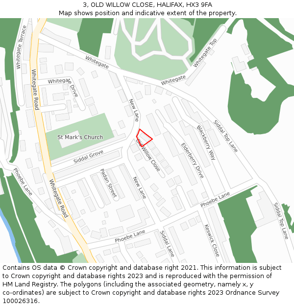 3, OLD WILLOW CLOSE, HALIFAX, HX3 9FA: Location map and indicative extent of plot