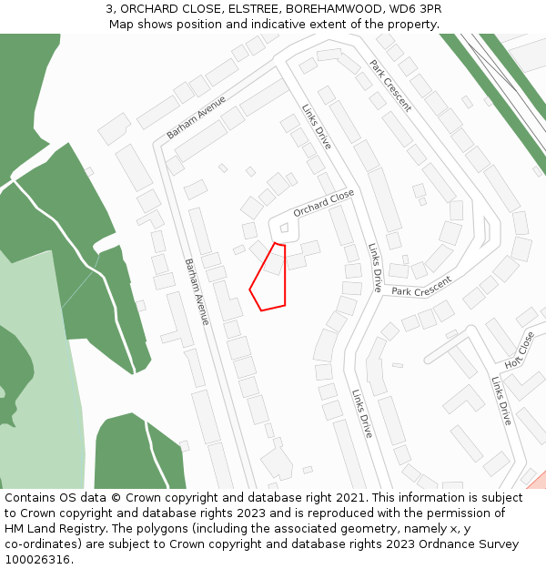 3, ORCHARD CLOSE, ELSTREE, BOREHAMWOOD, WD6 3PR: Location map and indicative extent of plot