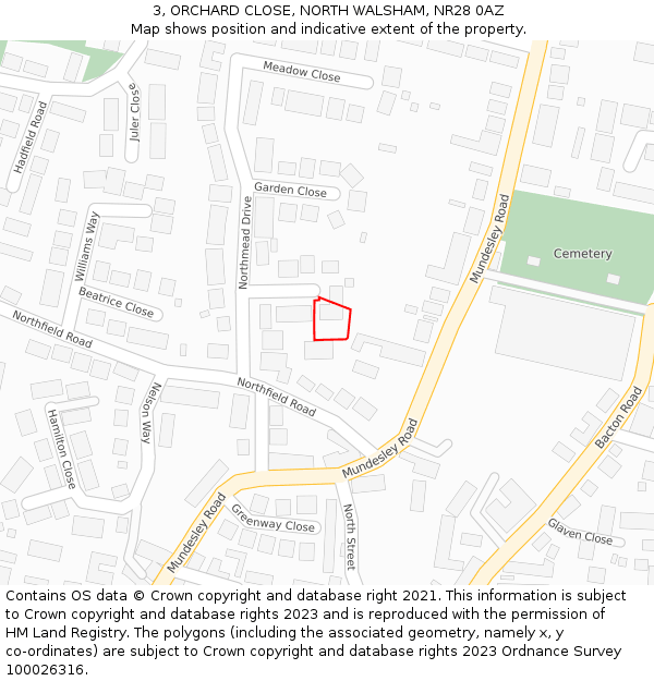 3, ORCHARD CLOSE, NORTH WALSHAM, NR28 0AZ: Location map and indicative extent of plot