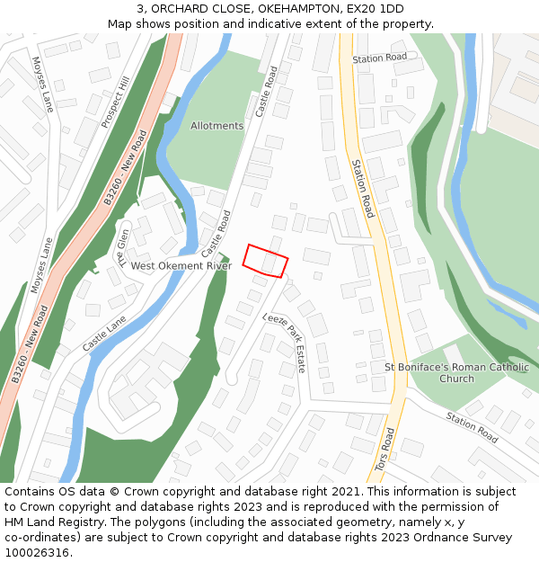 3, ORCHARD CLOSE, OKEHAMPTON, EX20 1DD: Location map and indicative extent of plot