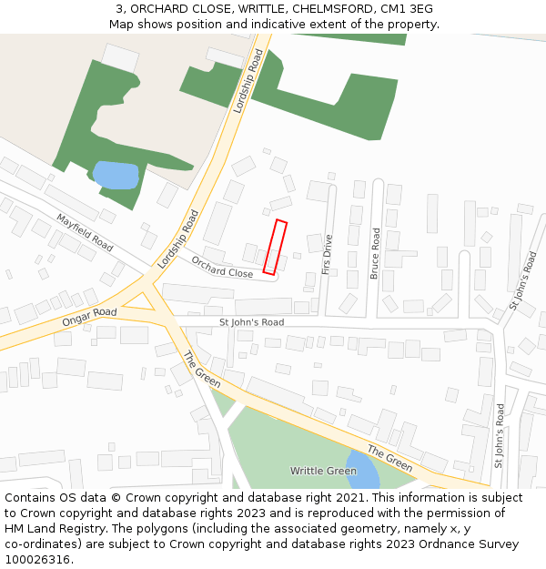 3, ORCHARD CLOSE, WRITTLE, CHELMSFORD, CM1 3EG: Location map and indicative extent of plot