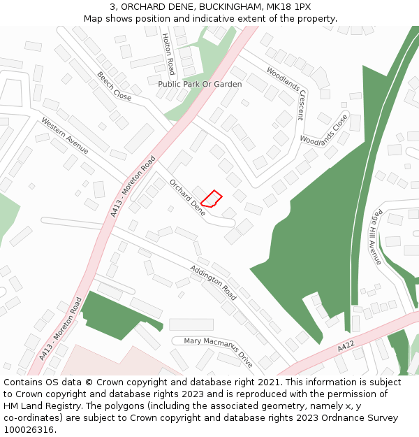 3, ORCHARD DENE, BUCKINGHAM, MK18 1PX: Location map and indicative extent of plot