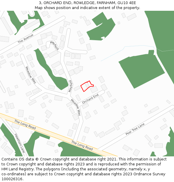 3, ORCHARD END, ROWLEDGE, FARNHAM, GU10 4EE: Location map and indicative extent of plot