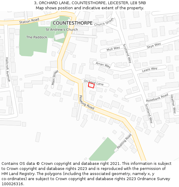 3, ORCHARD LANE, COUNTESTHORPE, LEICESTER, LE8 5RB: Location map and indicative extent of plot