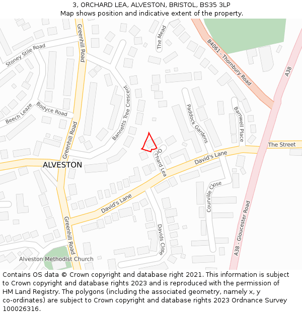 3, ORCHARD LEA, ALVESTON, BRISTOL, BS35 3LP: Location map and indicative extent of plot