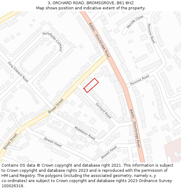 3, ORCHARD ROAD, BROMSGROVE, B61 8HZ: Location map and indicative extent of plot