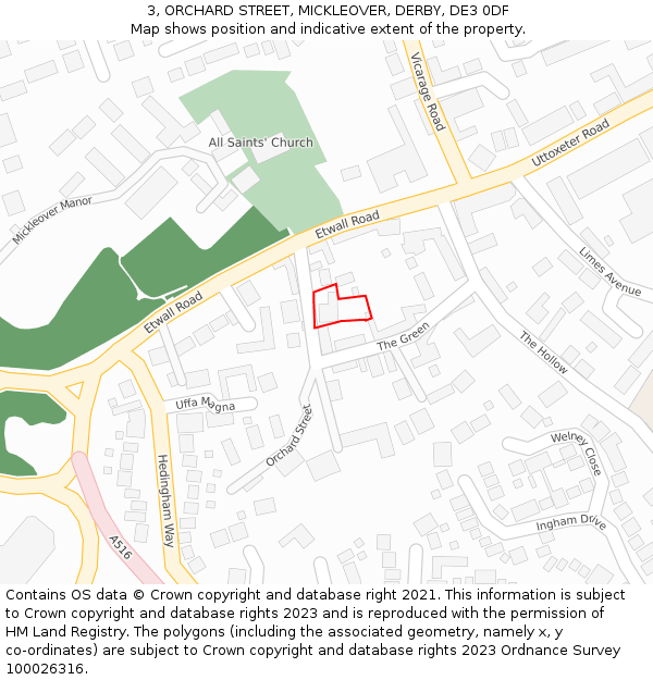 3, ORCHARD STREET, MICKLEOVER, DERBY, DE3 0DF: Location map and indicative extent of plot