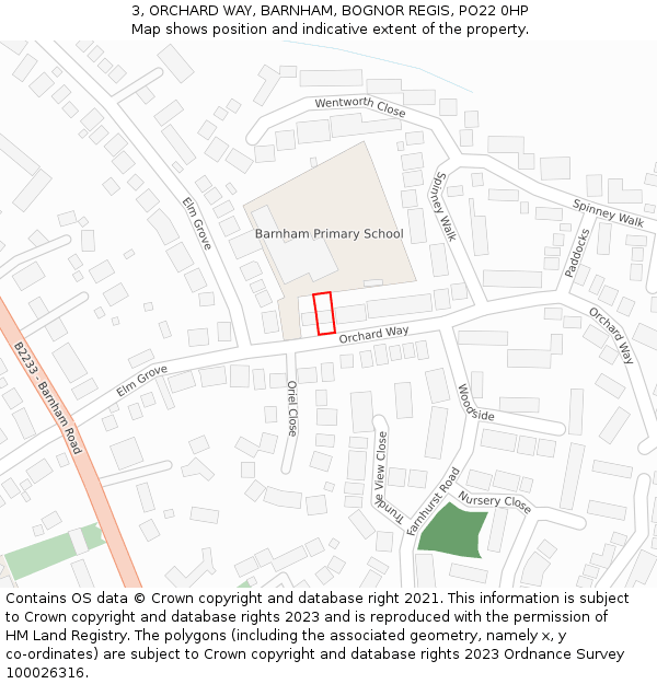 3, ORCHARD WAY, BARNHAM, BOGNOR REGIS, PO22 0HP: Location map and indicative extent of plot