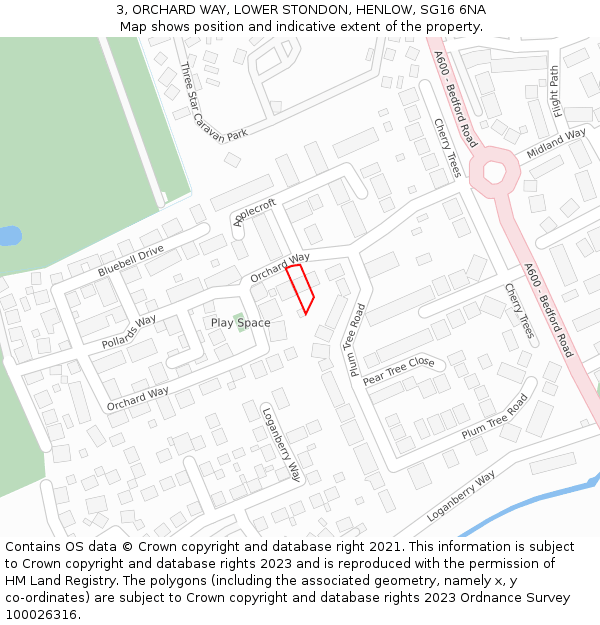 3, ORCHARD WAY, LOWER STONDON, HENLOW, SG16 6NA: Location map and indicative extent of plot