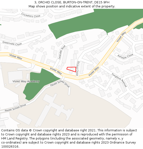 3, ORCHID CLOSE, BURTON-ON-TRENT, DE15 9FH: Location map and indicative extent of plot