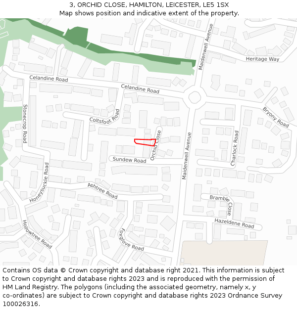 3, ORCHID CLOSE, HAMILTON, LEICESTER, LE5 1SX: Location map and indicative extent of plot