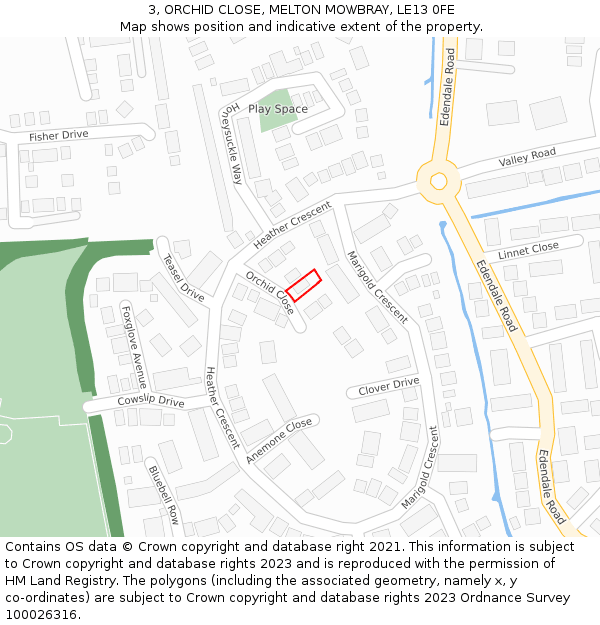 3, ORCHID CLOSE, MELTON MOWBRAY, LE13 0FE: Location map and indicative extent of plot