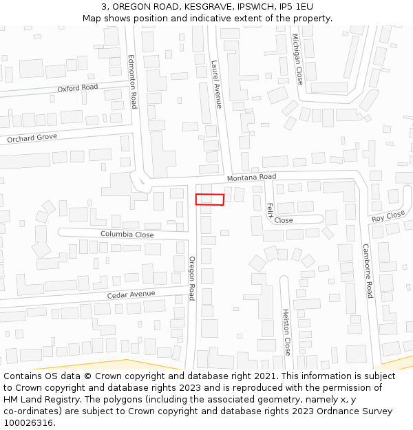 3, OREGON ROAD, KESGRAVE, IPSWICH, IP5 1EU: Location map and indicative extent of plot