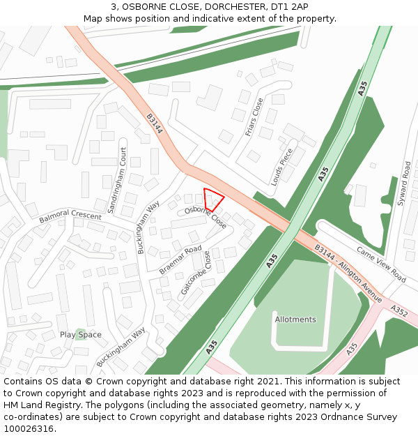 3, OSBORNE CLOSE, DORCHESTER, DT1 2AP: Location map and indicative extent of plot