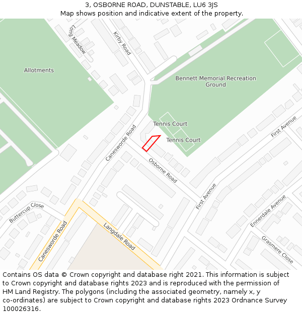 3, OSBORNE ROAD, DUNSTABLE, LU6 3JS: Location map and indicative extent of plot