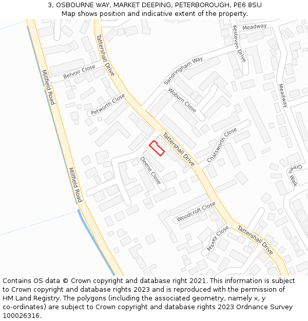 3, OSBOURNE WAY, MARKET DEEPING, PETERBOROUGH, PE6 8SU: Location map and indicative extent of plot