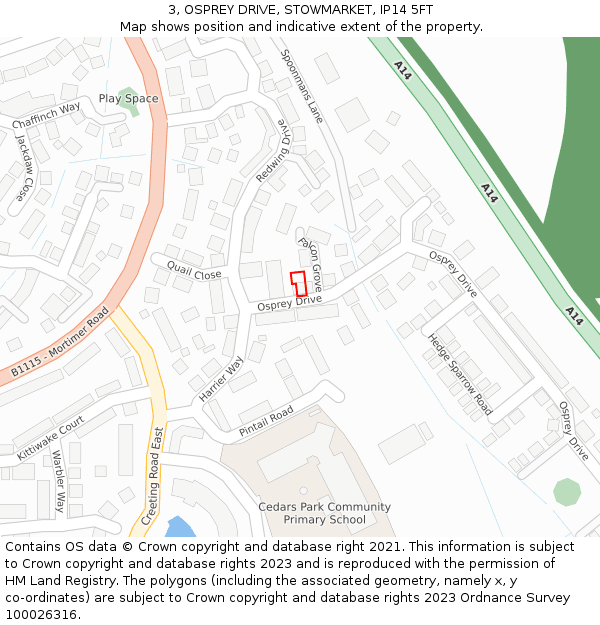 3, OSPREY DRIVE, STOWMARKET, IP14 5FT: Location map and indicative extent of plot