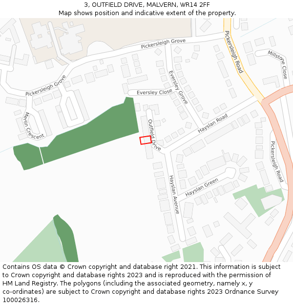 3, OUTFIELD DRIVE, MALVERN, WR14 2FF: Location map and indicative extent of plot