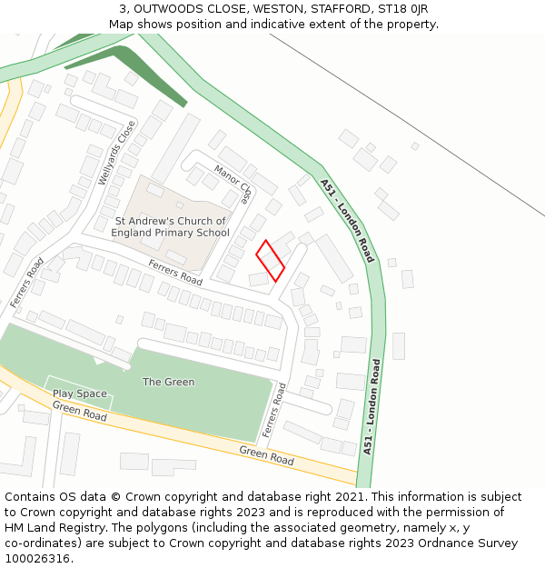 3, OUTWOODS CLOSE, WESTON, STAFFORD, ST18 0JR: Location map and indicative extent of plot