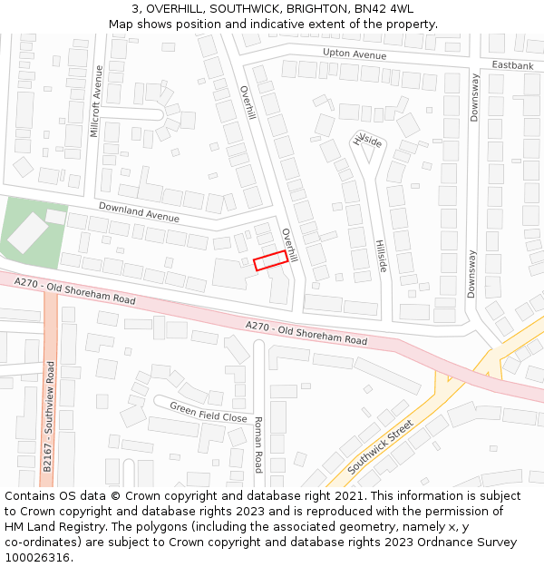 3, OVERHILL, SOUTHWICK, BRIGHTON, BN42 4WL: Location map and indicative extent of plot