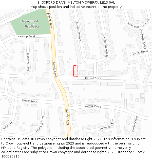 3, OXFORD DRIVE, MELTON MOWBRAY, LE13 0AL: Location map and indicative extent of plot