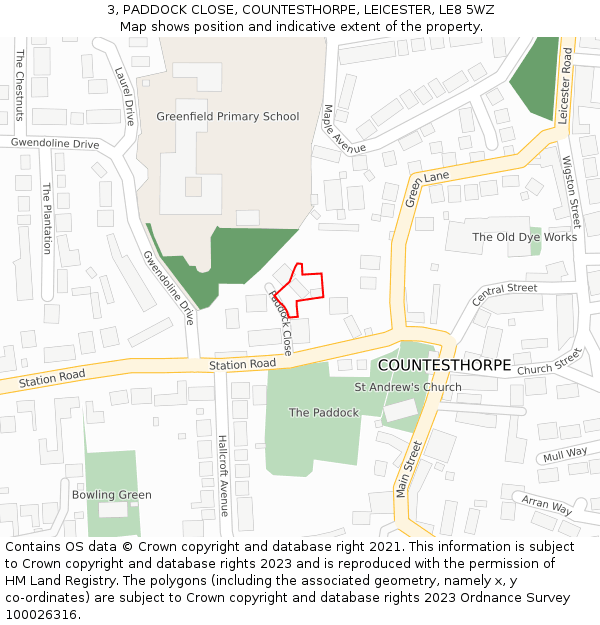 3, PADDOCK CLOSE, COUNTESTHORPE, LEICESTER, LE8 5WZ: Location map and indicative extent of plot