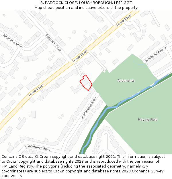 3, PADDOCK CLOSE, LOUGHBOROUGH, LE11 3GZ: Location map and indicative extent of plot
