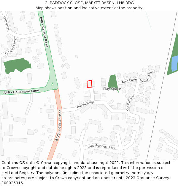 3, PADDOCK CLOSE, MARKET RASEN, LN8 3DG: Location map and indicative extent of plot