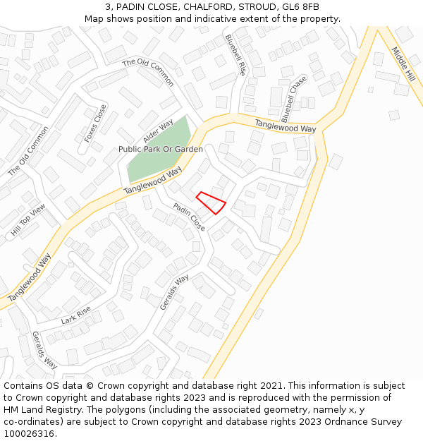 3, PADIN CLOSE, CHALFORD, STROUD, GL6 8FB: Location map and indicative extent of plot