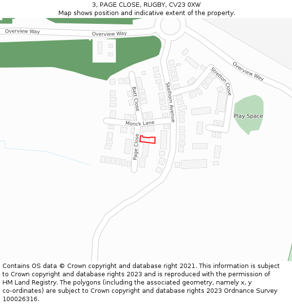 3, PAGE CLOSE, RUGBY, CV23 0XW: Location map and indicative extent of plot