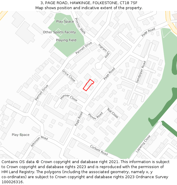 3, PAGE ROAD, HAWKINGE, FOLKESTONE, CT18 7SF: Location map and indicative extent of plot