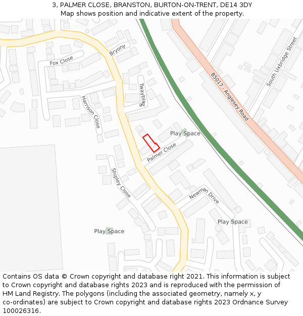 3, PALMER CLOSE, BRANSTON, BURTON-ON-TRENT, DE14 3DY: Location map and indicative extent of plot