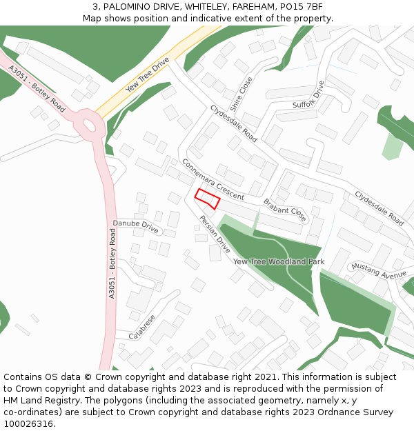 3, PALOMINO DRIVE, WHITELEY, FAREHAM, PO15 7BF: Location map and indicative extent of plot