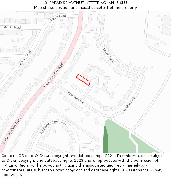 3, PARADISE AVENUE, KETTERING, NN15 6LU: Location map and indicative extent of plot