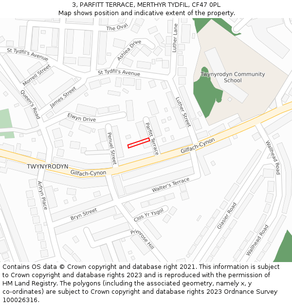 3, PARFITT TERRACE, MERTHYR TYDFIL, CF47 0PL: Location map and indicative extent of plot
